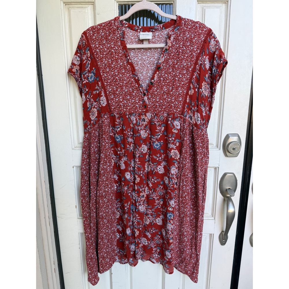 Knox Rose Red Mixed Floral Boho Mini Dress V-Neck Short Sleeve Size Medium